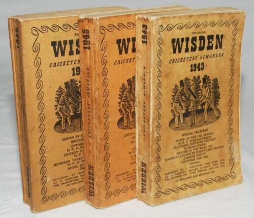 Wisden Cricketers' Almanack 1943, 1945 and 1946. 80th, 82nd &amp; 1946 editions. Original limp cloth covers. All editions with faults, all with worn, stained and age toned covers to a greater or lesser degree. The 1943 edition with broken internal hinges 