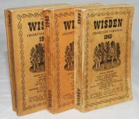 Wisden Cricketers' Almanack 1943, 1945 and 1946. 80th, 82nd &amp; 1946 editions. Original limp cloth covers. All editions with faults, all with worn, stained and age toned covers to a greater or lesser degree. The 1943 edition with broken internal hinges 