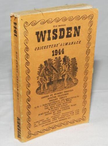 Wisden Cricketers' Almanack 1944. 81st Edition. Original limp cloth covers. Only 5600 paper copies printed in this war year. Odd minor faults otherwise in good condition. Rare war-time edition - cricket