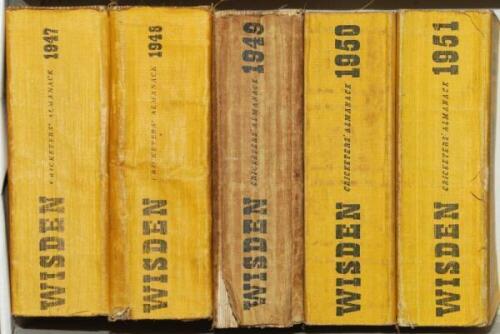 Wisden Cricketers' Almanack 1947 to 1951. Original limp cloth covers. All editions with faults, four out of the five editions with broken internal hinges, two with broken book blocks, soiling and staining to the covers of all editions to a greater or les