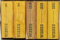 Wisden Cricketers' Almanack 1947 to 1951. Original limp cloth covers. All editions with faults, four out of the five editions with broken internal hinges, two with broken book blocks, soiling and staining to the covers of all editions to a greater or les