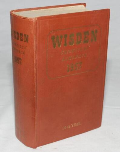 Wisden Cricketers' Almanack 1957. Original hardback edition. Slight wrinkling to spine paper, slight dulling to gilt titles, name handwritten to the top border of the inside of the front board otherwise in good condition - cricket