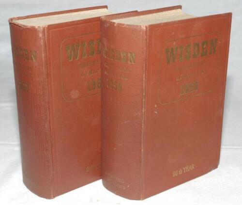 Wisden Cricketers' Almanack 1959 and 1960. Original hardback editions. Very slight dulling to gilt titles, minor marks to boards, some soiling to page block edges, light wear to the front internal hinge of the 1960 edition otherwise in good condition - cr