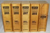Wisden Cricketers' Almanack 1963, 1966, 1967, 1968 and 1969. Original limp cloth covers. All editions with bowing to spines to a greater or lesser degree, age toning to all spines, the 1963 edition in only fair condition with heavy bowing and soiling to c