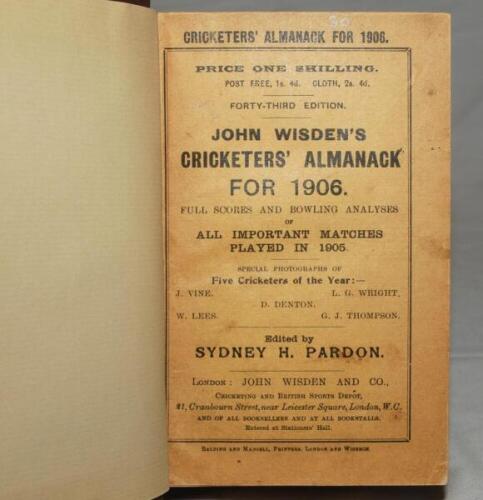 Wisden Cricketers' Almanack 1906. 43rd edition. Bound in dark brown boards, with original paper wrappers, gilt titles to spine. Very good condition - cricket