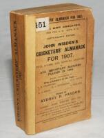 Wisden Cricketers' Almanack 1907. 44th edition. Original paper wrappers. Replacement spine paper which also covers edge of wrappers to front and rear. Odd minor faults otherwise in good+ condition - cricket