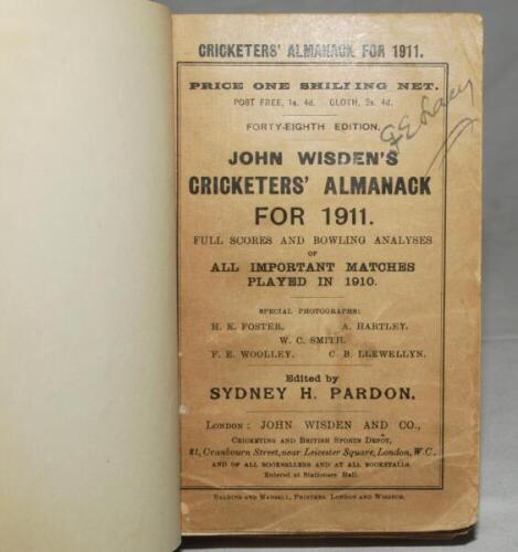 Wisden Cricketers' Almanack 1911. 48th edition. Bound in green boards, with original paper wrappers, gilt titles to spine. Name of ownership handwritten in ink to top border of front wrapper, odd minor faults otherwise in good condition - cricket