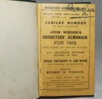 Wisden Cricketers' Almanack 1913. 50th (Jubilee) edition. Bound in green boards, with original paper wrappers, gilt titles to spine, red speckled page edges. Name of ownership boldly written in ink to top border of front wrapper, some staining to the page