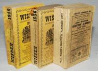 Wisden Cricketers' Almanack 1933, 1938 and 1949. Original paper wrappers and original paper covers. The 1933 edition with worn and soiled wrappers, loss to lower corner of front wrapper, broken book block at the front of the book, section becoming loose, 