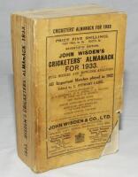 Wisden Cricketers' Almanack 1933. 70th edition. Original paper wrappers. Some major loss to right hand lower corner, soiling and wear to wrappers, soiling to page block edge and odd outer pages otherwise in good condition - cricket