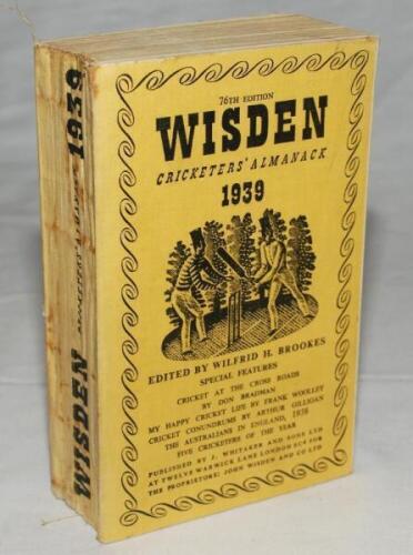 Wisden Cricketers' Almanack 1939. 76th edition. Original cloth covers. Some rust marks to spine paper, very minor marks to rear cover otherwise in good/very good condition - cricket