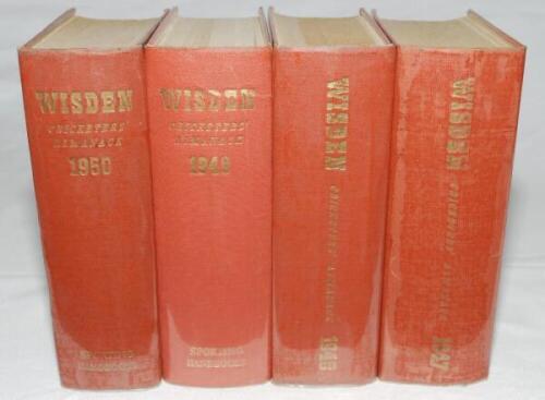 Wisden Cricketers' Almanack 1947 to 1950. Original hardback. All four editions have had there boards and spines encased in plastic protective film, which are not removable. Some breaking to the internal hinges of the 1947 edition at front and rear, some s