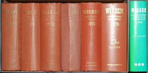 Wisden Cricketers' Almanack 1950, 1951, 1953 to 1955 and 1976. Original hardback editions. Wear and dulling to the gilt titles on the majority of the editions, breaking to the rear internal hinge of the 1951 edition, the front internal hinge of the 1954 e