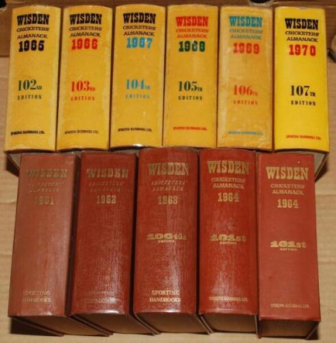 Wisden Cricketers' Almanack 1961 to 1970. Original hardback all with dustwrapper where required. All editions have had there boards, spines and dustwrappers encased in plastic protective film, which are not removable. Some damage to odd few pages to the r