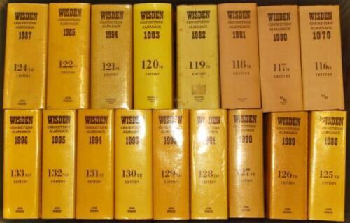Wisden Cricketers' Almanack 1979 to 2008. Original hardbacks with dustwrapper. Lacking the 1986 edition. Twenty two editions with protective film to the dustwrappers, some faults and minor light fading to odd dustwrapper otherwise in good condition. Qty 2