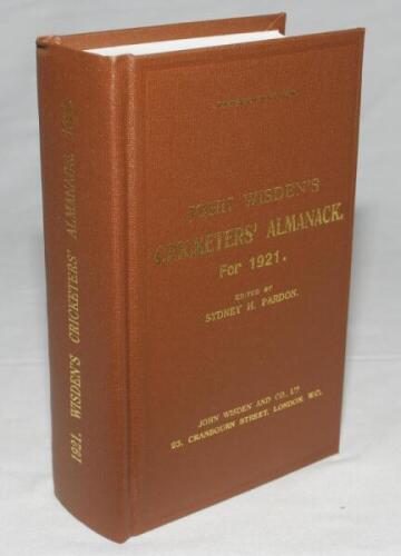 Wisden Cricketers' Almanack 1921. Willows hardback reprint (2005) in dark brown boards with gilt lettering. Limited edition 374/500. Very good condition - cricket