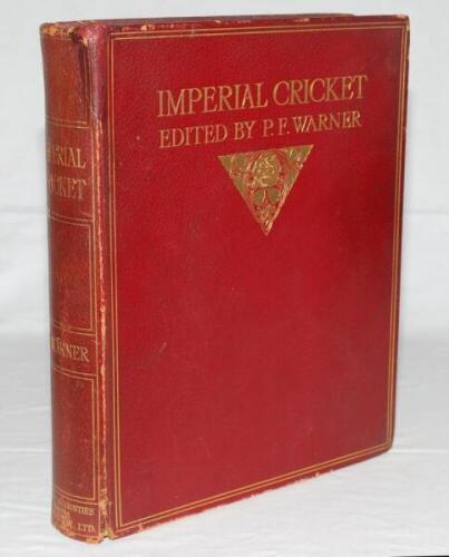 'Imperial Cricket'. P.F. Warner. London 1912. Original full red morocco, gilts to front cover and spine. All pages edges gilt. Limited subscribers edition of 900 copies, this being number 237. Padwick 83. Some scuffing to board and spine extremities, othe