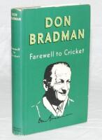 'Farewell to Cricket'. Don Bradman. First edition London 1950. Signed in ink to the photo plate p31 by Bradman. An extremely good copy with very nice dustwrapper. Ownership name in ink to front inside flap of dustwrapper. Sold with two modern postcards de