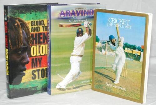 Sri Lanka and Zimbabwe signed biographies. Three hardback biographies with good dustwrappers, each signed by the featured player. Titles are 'Cricket. The Noble Art', Sunil Wettimuny, Colombo 1985. 'Aravinda. My Autobiography', Aravinda de Silva, Edinburg