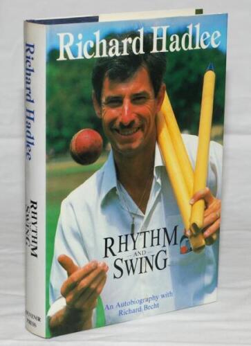 'Rhythm and Swing'. Richard Hadlee. London 1990. Original hardback with very good dustwrapper. Signed to the title page by Hadlee and, unusually, additionally signed to the front endpaper with dedications to Alan Curtis by both Walter and Richard Hadlee. 