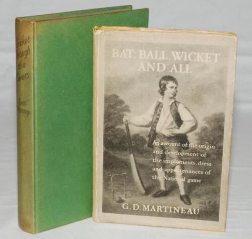 'Bat, Ball, Wicket and All'. G.D. Martineau. First edition, London 1950. Good dustwrapper. Signed in ink to front endpaper with dedication to 'Hubert Riley' from Martineau. Some foxing to page edges, otherwise in good condition. Sold with 'Cricket through