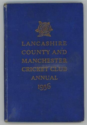 'Lancashire County and Manchester Cricket Club Annual 1936'. Compiled by J.A. Brierley. Second year of New Issue. Original blue cloth covers with gilt title to front. Profusely signed in pencil with the odd signature in ink to the inside covers, endpapers