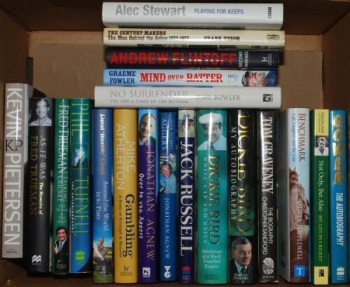 England signed biographies and autobiographies. Two boxes comprising fifty seven modern hardback biographies, each signed by the subject/ author. Signatures include Fred Trueman (2 titles), Kevin Pietersen, Phil Tufnell, David Lloyd (2), Mike Atherton (2)