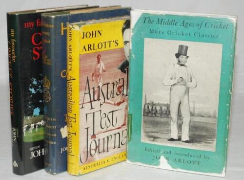 John Arlott. Four hardback titles with dustwrappers, each signed by Arlott. 'The Middle Ages of Cricket', London 1949. Some loss to dustwrapper. 'Australian Test Journal. A Diary of the Test Matches Australia v England 1954-55', London 1955. 'Hampshire Co