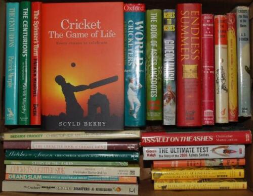 Cricket writers 1954-2016. Box comprising thirty cricket histories, memoirs and anthologies, the majority hardbacks with dustwrappers, each signed by the author. The odd title multi-signed. Includes four titles by A.A. Thomson, 'Cricket My Pleasure' 1954,