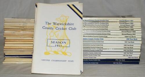 Warwickshire C.C.C. annuals, histories, menus etc. Small box comprising a good run of the Warwickshire C.C.C. Yearbook and Annual Report for 1951-1997, lacking 1988. Odd duplication. Faults to some issues, others in good condition. Two hardback histories,