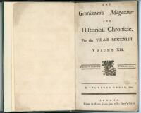 'The Gentleman's Magazine and Historical Chronicle. For the Year MDCCXLIII [1743]. Volume XIII' by Sylvanus Urban, Gent. Printed by Edw. Cave, jun. at St. John's Gate, London. Bound in to modern green cloth are the title page of Volume XIII, with extracts