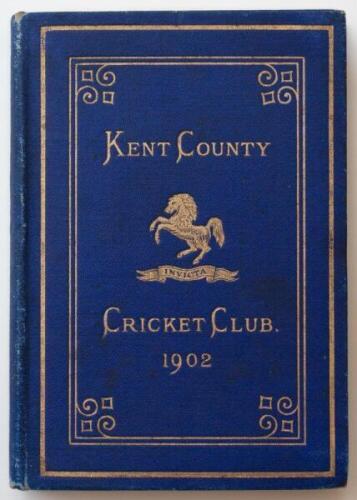 Kent County Cricket Club Annual 1902. Hardback 'blue book'. Original decorative boards. Gilt titles and to all page edges with gilt Kent emblem to centre. Printed by the Kentish Express (Igglesdon &amp; Co) of Ashford 1902. Minor age toning/darkening to b