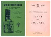 'Somerset County Cricket Facts and Figures from 1891 to 1924'. Compiled by F.J.C. Gustard. Taunton 1925. Very good condition. Sold with 'Essex County Cricket Club Facts and Figures 1894-1947', Sir Home Gordon, Chelmsford 1947. Slight age toning to wrapper