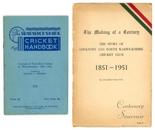 'The Warwickshire Cricket Handbook 1936. A record of First-class cricket in Warwickshire 1895-1935'. Compiled by Claude L. Westell. Original paper decorative wrappers. Rusting to staples, otherwise in good condition. Sold with 'The Making of a Century. Th