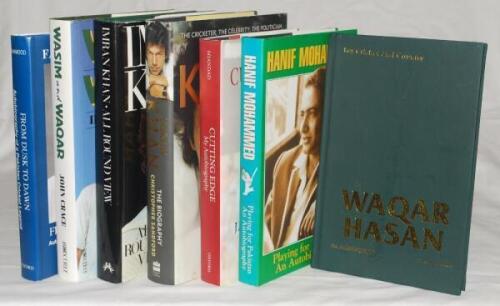 Pakistan biographies. Seven modern hardbacks, three signed by the featured player. Signed titles are 'Hanif Mohammed: Playing for Pakistan', Hanif Mohammed, 1999. 'For Cricket and Country', Waqar Hasan and Qamar Ahmed, Karachi 2002. 'Cutting Edge', Javed 