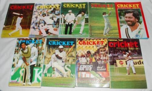 'Pakistan Book of Cricket'. Edited by Qamar Ahmed. Karachi. Eight issues for 1976, 1977, 1979/80, 1980/81, 1982/83, 1983/84, 1985/86 and 1988. Sold with 'Pakistan Test Cricket 1983/84' edited by Rashid Aziz and Afia Salam. Minor faults to earlier issues, 