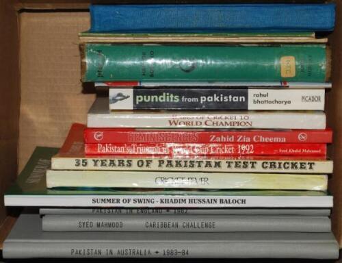 Pakistan tours, Tests and miscellaneous. A selection of tour guides, histories etc. Titles include 'Playing for a Draw', Qamaruddin Butt, Karachi 1962. Appears to be rebound in brown boards, water damage and some loss to early pages. Three brochures/ guid