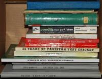 Pakistan tours, Tests and miscellaneous. A selection of tour guides, histories etc. Titles include 'Playing for a Draw', Qamaruddin Butt, Karachi 1962. Appears to be rebound in brown boards, water damage and some loss to early pages. Three brochures/ guid