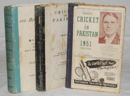 Pakistan. Two signed titles, '100 Best Cricketers'. M.I. Merchant. Karachi 1960. Presentation copy signed by the author and dated 1961. Ink scribbles to frontispiece photograph, one photo plate detached, other general wear. 'Cricket in Pakistan 1948-49 Ed