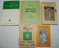Pakistan tours and histories. Five softback titles including two by Qamaruddin Butt, 'Cricket Wonders', Karachi 1958, wrappers becoming detached. 'Playing for a Draw', Karachi 1962. Wear and staining to wrappers. Also 'Pakistan in Test Cricket', Bashir-Ul