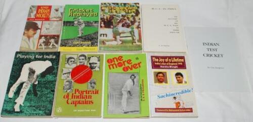 India cricket tours. Nine softback titles relating to tours by or to tour India. 'M.C.C. in India. An Account of the M.C.C. Tour to India 1951-52', L.N. Mathur, 1952. 'Playing for India', Sujit Mukherjee, Madras 1972. 'Between Indian Wickets', Sujit Mukhe