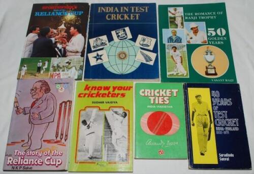 India histories and statistical books. Seven softback titles (one hardback). '40 Years of Test Cricket India- England 1932-1971', Saradindu Sanyal, New Delhi 1972. 'Cricket Ties India- Pakistan', Anandji Dossa, Calcutta 1978. 'India in Test Cricket 1932-1