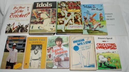 Indian biographies and histories. Two hardback titles, both with good dustwrappers, 'Spin Punch', Dilip Doshi, Calcutta 1991, and 'Idols', Sunil Gavaskar, London 1984, ex library, front endpaper crudely removed. Also eight softback titles including 'Tiger
