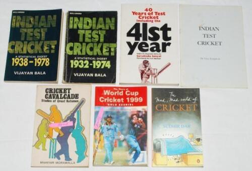 Indian cricket histories and statistical books. Six softback titles published in India, two signed. 'Cricket Cavalcade. Studies of Great Batsmen', Mahiyar Morawalla, Bombay 1976. Signed by the author. 'The Story of World Cup Cricket 1999', Gulu Ezekiel, D