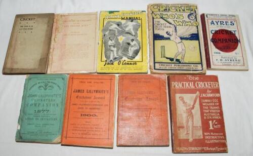 Cricket annuals and instructional books. Box comprising forty three titles. Annuals include 'John Lillywhite's Cricketers' Companion' 1877. Original green paper wrappers with wear and loss. 'James Lillywhite's Cricketers' Annual' 1889 and 1900, original r