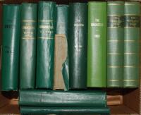 'The Cricketer Magazine'. Two boxes comprising thirty one bound volumes of the magazine. Includes nine volumes bound in publisher's original green bindings, Vols. III 1922/23, IX 1928, X 1929, XII 1931, XVIII 1937, XX 1939, XXIV 1943, XXV 1944, and XXVI 1