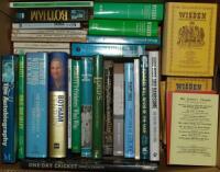 Two boxes comprising a selection of ephemera including cricket biographies and histories, annuals, prints, cigarette cards, Wisden Cricketers' Almanacks, Surrey yearbooks, signatures etc. The majority modern. Includes one earlier book title, 'Cricket Cros