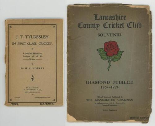 Lancashire C.C.C. Two Lancashire related booklets, 'J.T. Tyldesley in First Class Cricket'. H.E. Holmes. Manchester 1912, and 'Lancashire County Cricket Club Souvenir. Diamond Jubilee 1864-1924', official souvenir published by The Manchester Guardian in c