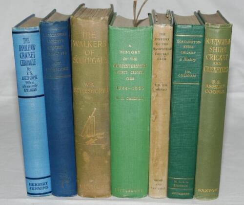 County and Club histories. Seven hardback titles in original publishers' cloth. 'The Walkers of Southgate. A famous brotherhood of cricketers', W.A. Bettesworth, London 1900. Wear to boards and breaking to internal hinges. 'Nottinghamshire Cricket and Cri