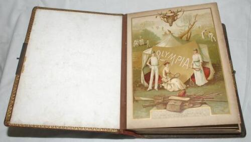 'Olympia' Victorian combined photograph album and musical box c1890. Designed by W.H.S. Thompson, H. Bunnett and others, made in Germany. The heavy leather bound album with padded boards embossed to the front with a tennis scene to the centre, with other 